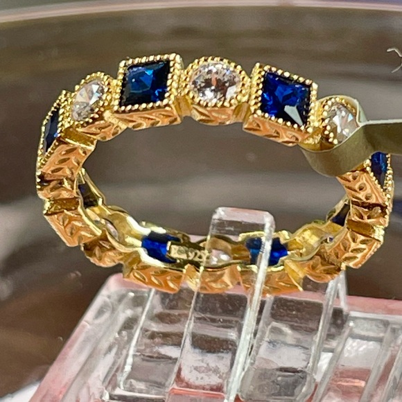 Blue/white SAPPHIRE 14k Blue/white Yellow gold on Silver Ring. 6 - Picture 3 of 12